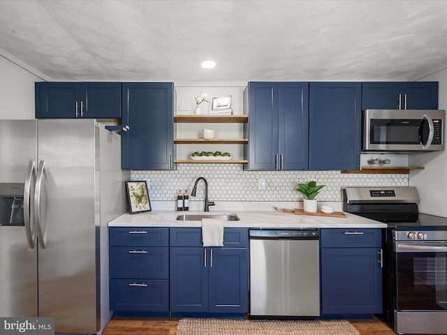 kitchen featuring blue cabinetry, stainless steel appliances, and sink