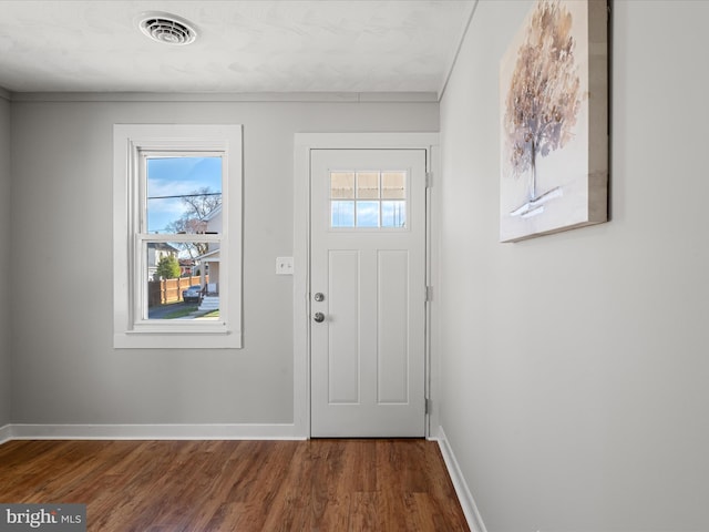 entryway with a healthy amount of sunlight and dark wood-type flooring