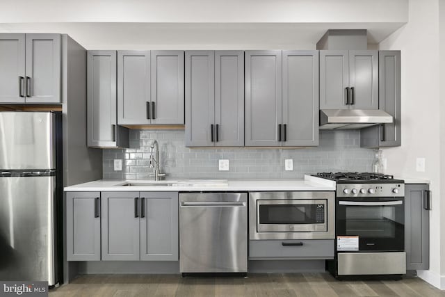 kitchen with gray cabinetry, sink, stainless steel appliances, and dark hardwood / wood-style flooring