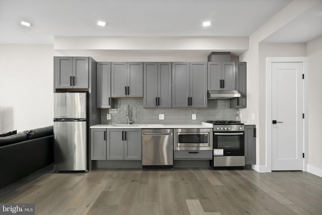 1028 Bladensburg Rd NE Unit 38, Washington, DC 20002 - kitchen with stainless steel appliances, under cabinet range hood, a sink, gray cabinets, and wood finished floors