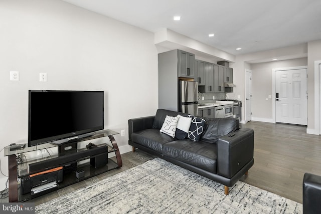 living room with dark hardwood / wood-style floors