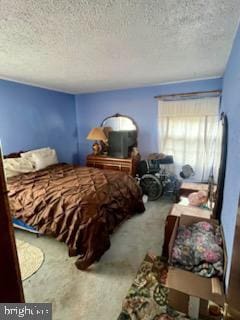 bedroom with a textured ceiling and carpet floors