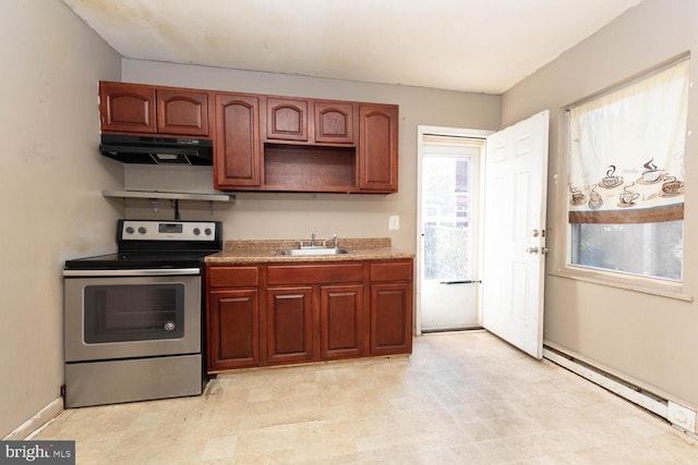 kitchen featuring electric range, a baseboard heating unit, and sink