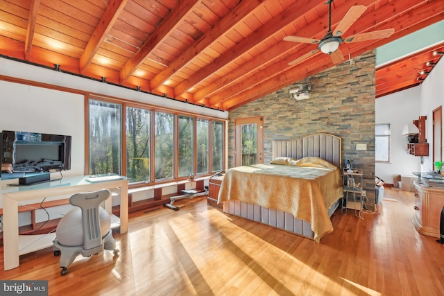 bedroom with ceiling fan, light hardwood / wood-style floors, wood ceiling, and high vaulted ceiling