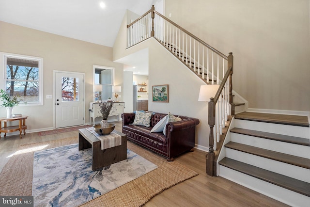 living room with high vaulted ceiling and wood-type flooring