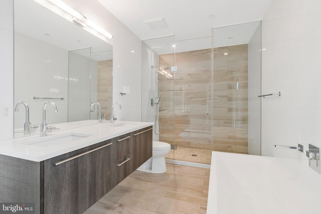 bathroom with vanity, a shower with shower door, and toilet