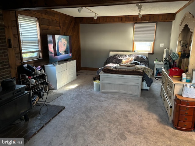 carpeted bedroom with multiple windows, wood walls, track lighting, and a wood stove