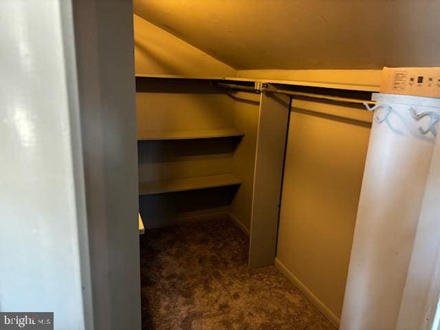 walk in closet featuring dark carpet and vaulted ceiling