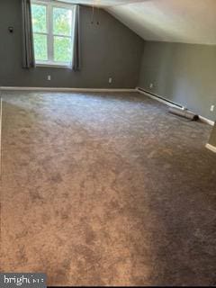 additional living space featuring carpet flooring, a baseboard radiator, and vaulted ceiling