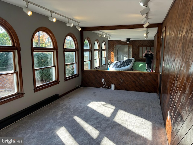 unfurnished bedroom with rail lighting, carpet floors, multiple windows, and wood walls