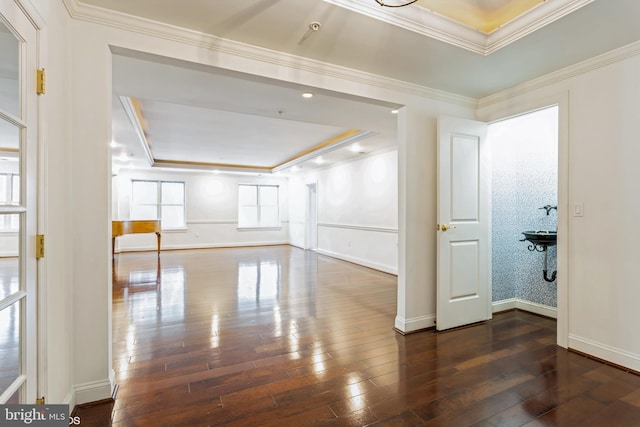 unfurnished room featuring dark hardwood / wood-style flooring, a raised ceiling, and crown molding