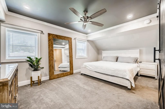 carpeted bedroom with multiple windows, ceiling fan, and crown molding