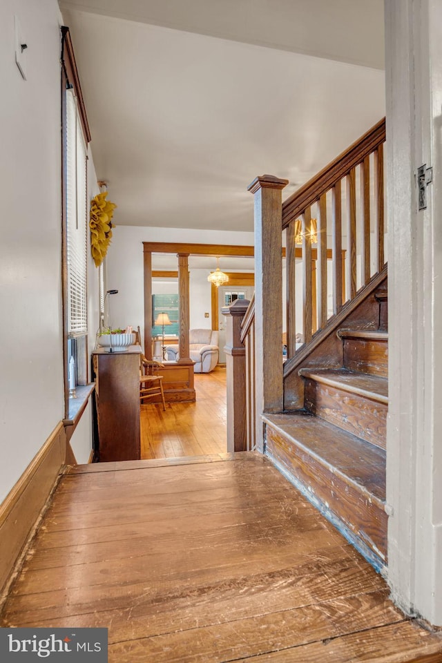 stairway featuring hardwood / wood-style floors and ornate columns