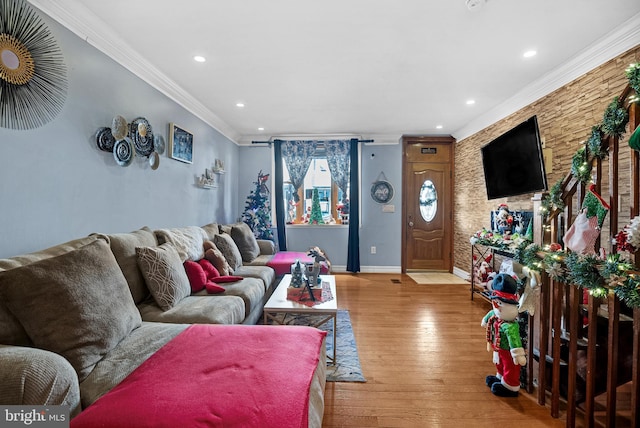 living room featuring crown molding and light hardwood / wood-style flooring