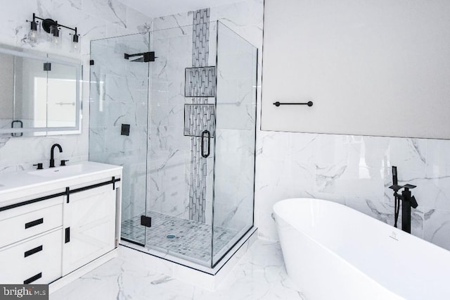 bathroom featuring vanity, plus walk in shower, and tile walls