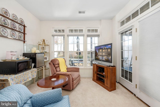 living room with light carpet