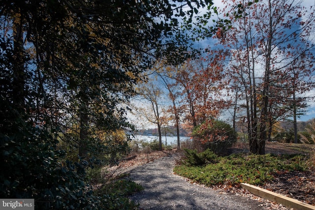 view of street with a water view