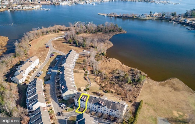 aerial view featuring a water view