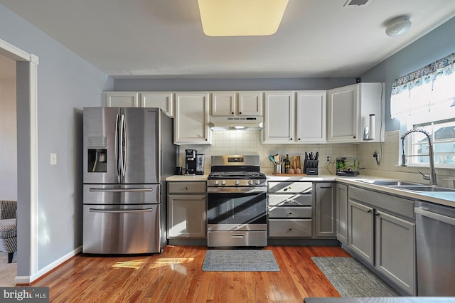 kitchen featuring decorative backsplash, appliances with stainless steel finishes, sink, wood-type flooring, and gray cabinets