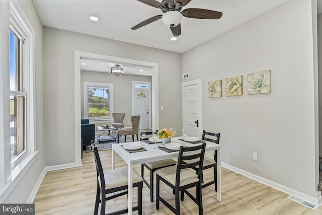 dining room with ceiling fan and light wood-type flooring