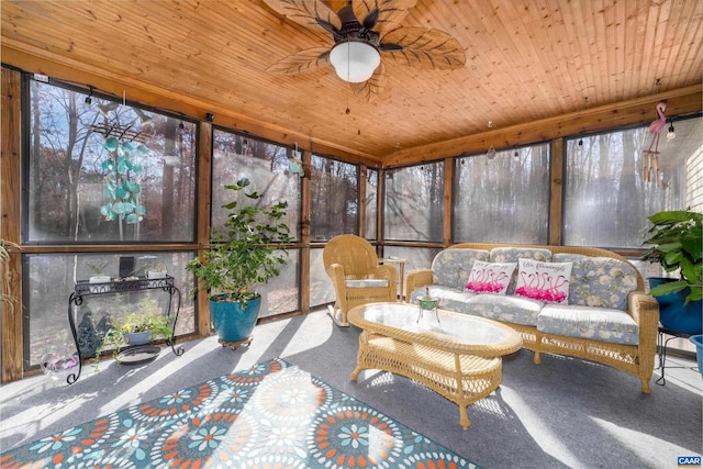 sunroom / solarium featuring ceiling fan and wood ceiling