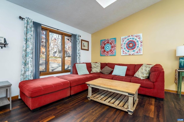 living room with dark hardwood / wood-style floors and vaulted ceiling