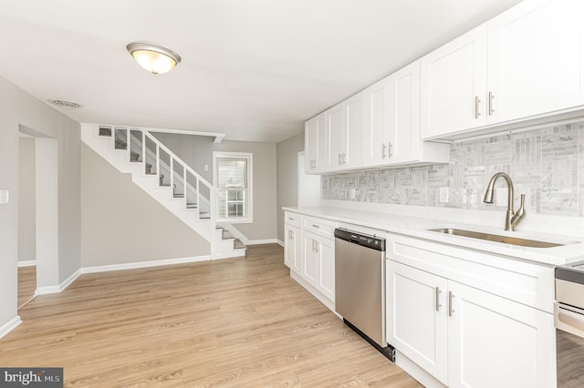 kitchen with sink, stainless steel dishwasher, backsplash, white cabinets, and light wood-type flooring