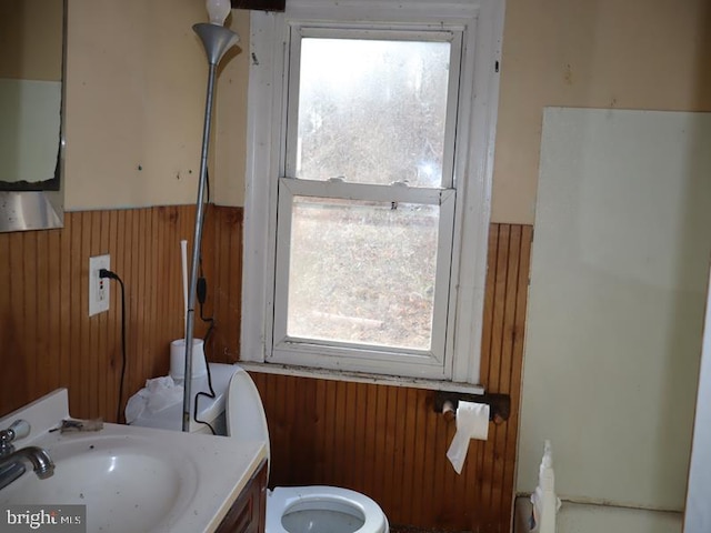 bathroom with vanity, toilet, plenty of natural light, and wood walls