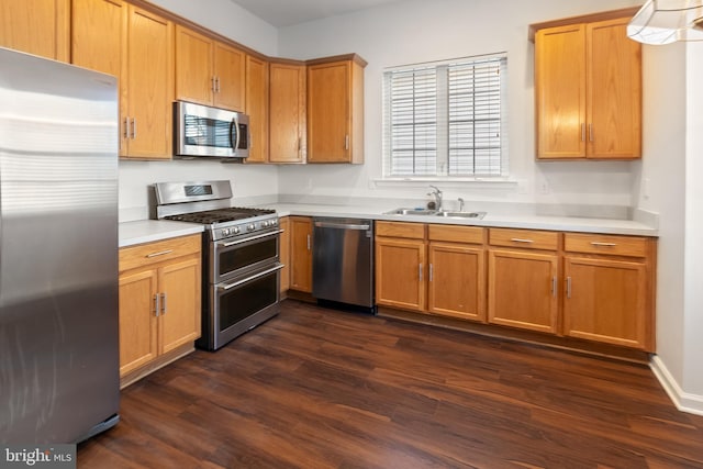 kitchen with appliances with stainless steel finishes, dark hardwood / wood-style floors, and sink