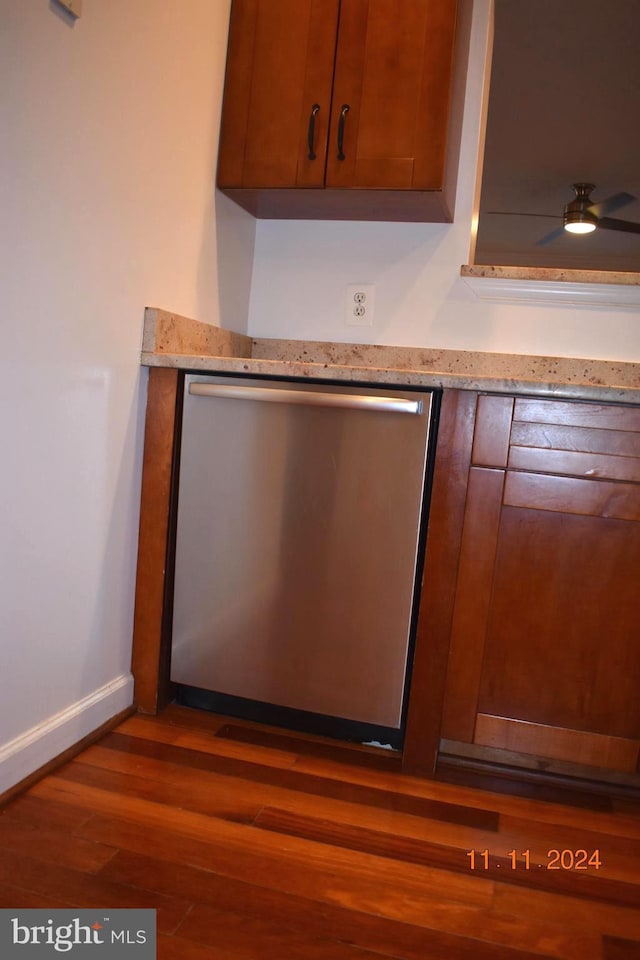 details with ceiling fan, hardwood / wood-style floors, and stainless steel dishwasher