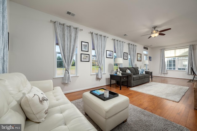 living room featuring hardwood / wood-style flooring, ceiling fan, and a healthy amount of sunlight