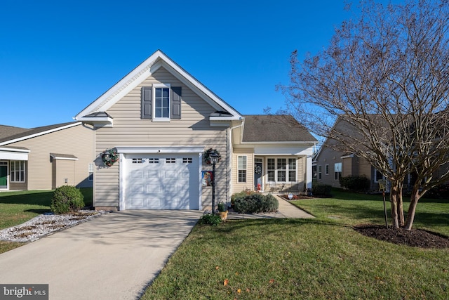 front facade with a garage and a front yard