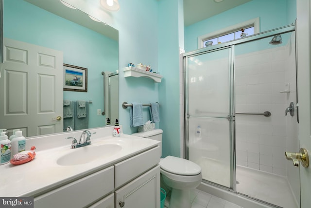 bathroom with tile patterned flooring, vanity, toilet, and walk in shower