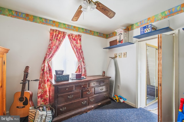 carpeted bedroom with ceiling fan