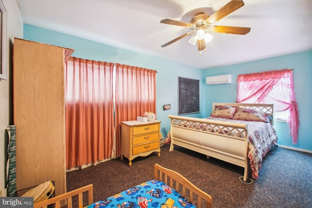 carpeted bedroom with ceiling fan and a wall mounted air conditioner