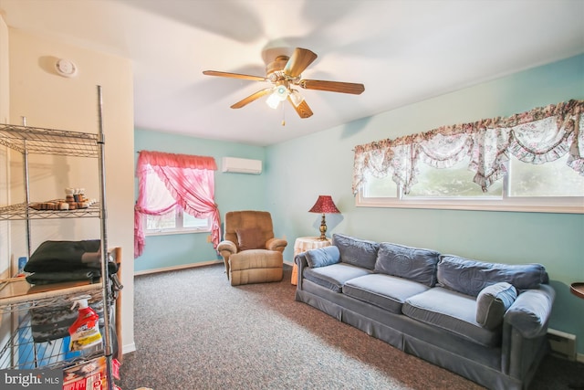 living room with carpet, ceiling fan, and a wall mounted AC