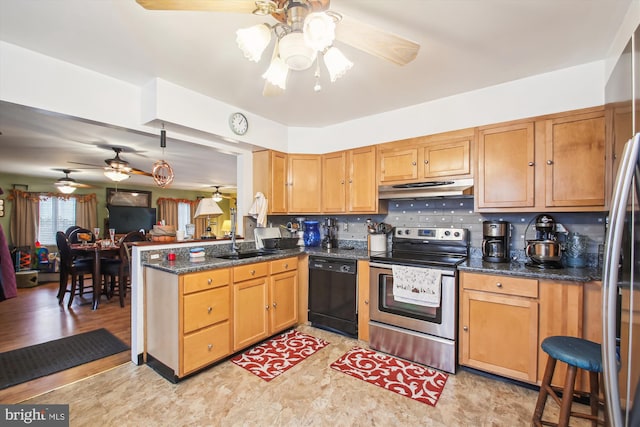 kitchen featuring kitchen peninsula, tasteful backsplash, sink, dishwasher, and stainless steel electric range oven