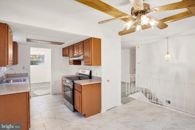 kitchen with ceiling fan with notable chandelier, sink, stainless steel range, decorative light fixtures, and beam ceiling