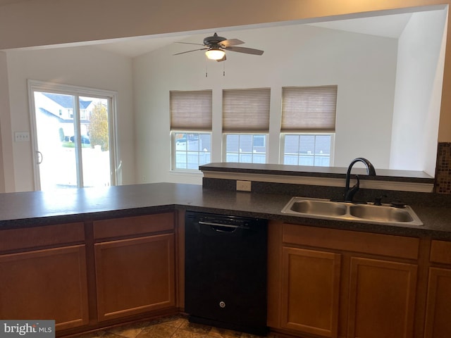 kitchen with ceiling fan, sink, lofted ceiling, and black dishwasher