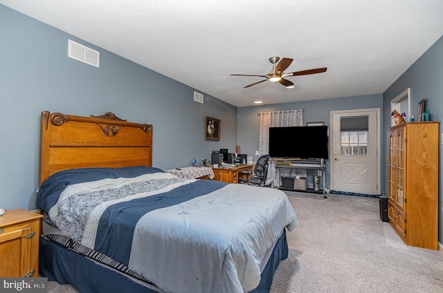 carpeted bedroom featuring ceiling fan