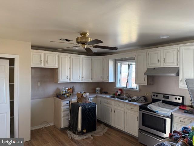 kitchen with white cabinetry, stainless steel electric stove, under cabinet range hood, and a sink