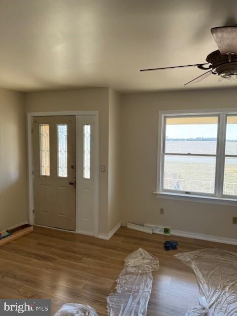 foyer entrance featuring wood finished floors, baseboards, and ceiling fan