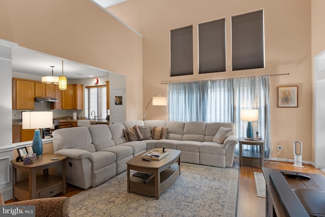 living room with sink, a high ceiling, and light wood-type flooring