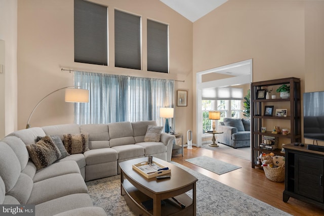 living room featuring high vaulted ceiling and light hardwood / wood-style flooring