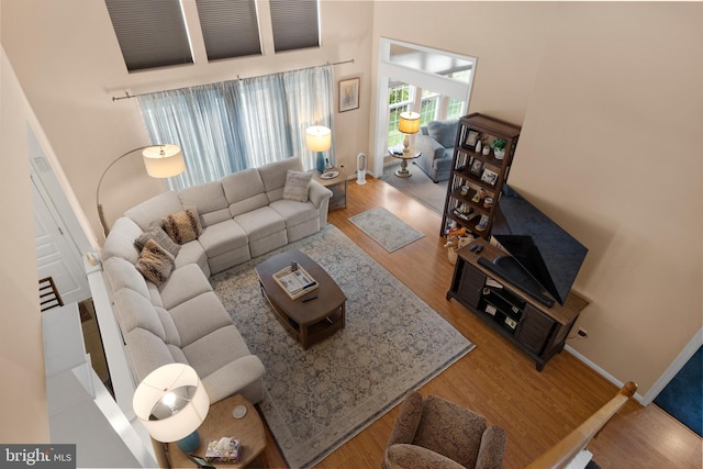 living room featuring a high ceiling and hardwood / wood-style flooring