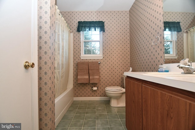 full bathroom with tile patterned flooring, vanity, toilet, and shower / bathtub combination with curtain