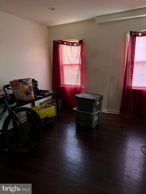 bedroom featuring multiple windows and dark hardwood / wood-style flooring