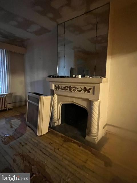 interior details with hardwood / wood-style flooring and radiator heating unit