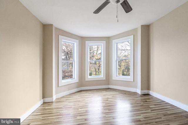 spare room featuring ceiling fan and light hardwood / wood-style flooring