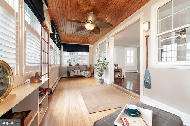 sunroom with ceiling fan, wood ceiling, and baseboard heating